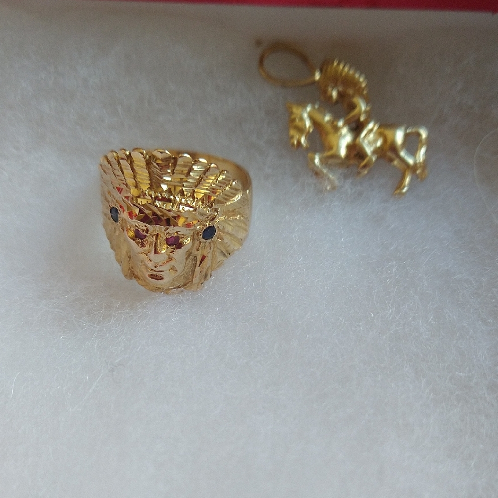 14k Gold Indian Chief  Head Ring with Indian On Horse Pendant Charm